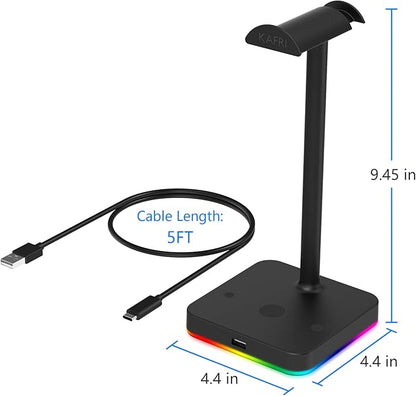 KAFRI RGB Headphone Stand with USB Hub Desk Gaming Headset Holder Hanger Rack with 1 USB2.0 Extension Charging Port Extender Cord - Suitable for Gamer Desktop Table Game Earphone Accessories, Black