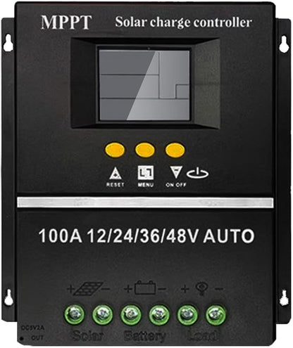 Saooer 100A MPPT Solar Charge Controller, 12/24/36/48V, LCD Display, Dual USB, Black