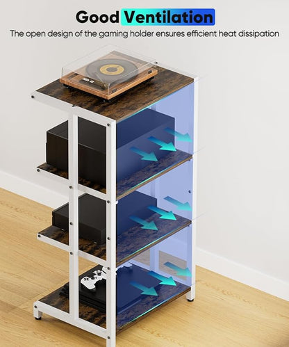 Ardier 4-Tier Wooden Media Stand, AV Media Stand Corner Shelf for TV Accessories/Audiovisual Equipment/Optical Disc/PS4, Audio Storage Rack for Living Room, Gaming Room, Music Studio, White