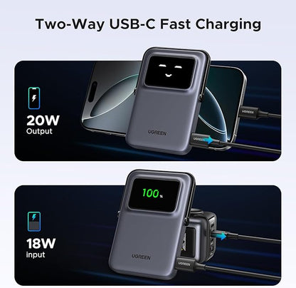 UGREEN Uno Magnetic Power Bank, Wireless Portable Charger, 20W Fast Charging Battery Pack with Foldable Stand and TFT Display 5000mAh for iPhone 17/17 Air/17 Pro/17 Pro Max/16/15/14/13 Series, Black