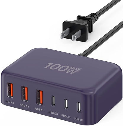 USB C Fast Charger, 100W GaN 6 Port Type C Charging Station Hub Block Cube, USB C Wall Charger Power Strip Adapter Plug for iPad iPhone 17 16 15 14 13 12 Pro Max Pixel Note Galaxy, 5ft Cord