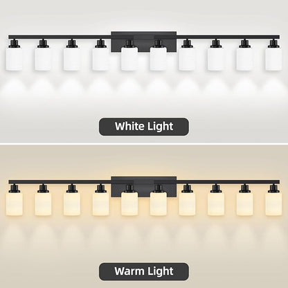 DIKAIDA 10 Light Bathroom Vanity Lights Over Mirror, 65.4 inch Black Vanity Lights Fixtures with White Glass Shades Matte Black Modern Vanity Lights Black Bathroom Wall Lighting for Mirror Bedroom