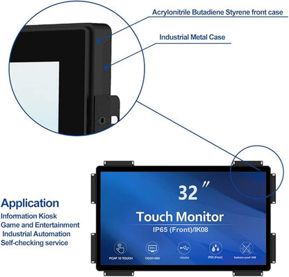 GreenTouch 32 inch 10 Points PCAP Open Frame Touch Screen Industrial LCD Display Monitor HDMI+VGA+DVI Video Port