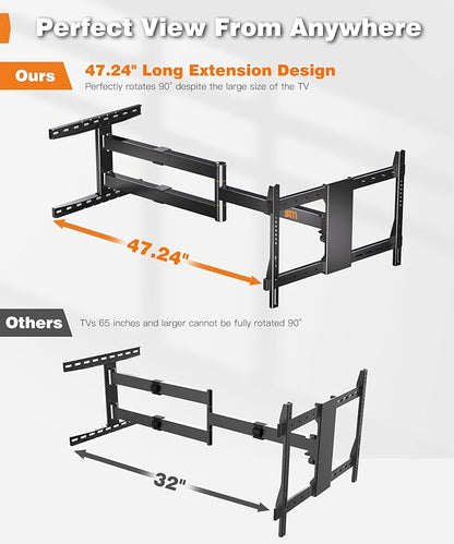 47” Extra Long Arm TV Wall Mount for 37-80 Inch TV, Full Motion Corner TV Mount with Extension Articulating Arm Swivel and Tilt, Max VESA 600x400mm, Fits 16" 18" Studs Up to 99 lbs