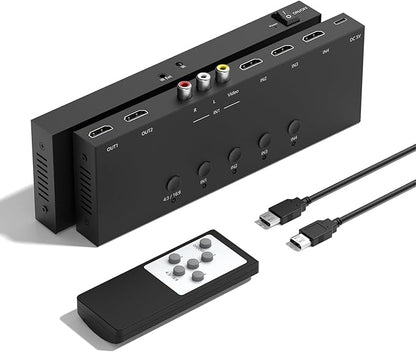 4 in 2 Out RCA/HDMI Switcher，3 Way HDMI 2.0 + 1 RCA Converter，4:3/16:9 & 2 Ports HDMI Output Support 4K and 3D for PS1/2/3/4/5, N64, SNES, Switch, DVD, Roku, etc.