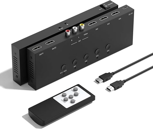 4 in 2 Out RCA/HDMI Switcher，3 Way HDMI 2.0 + 1 RCA Converter，4:3/16:9 & 2 Ports HDMI Output Support 4K and 3D for PS1/2/3/4/5, N64, SNES, Switch, DVD, Roku, etc.