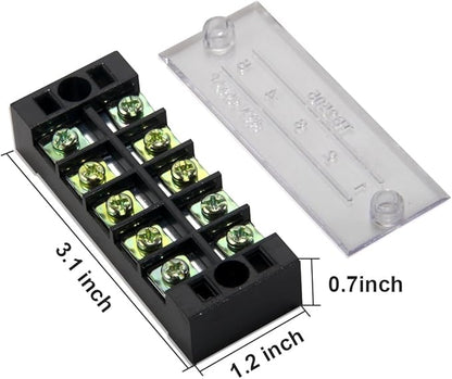 MILAPEAK Terminal Block and Strip - 10pcs (5 Sets) 5 Positions Dual Row 600V 25A Screw Terminal Blocks with Cover + 400V 25A 5 Positions Pre-Insulated Terminals Barrier Strips (Black & Red)