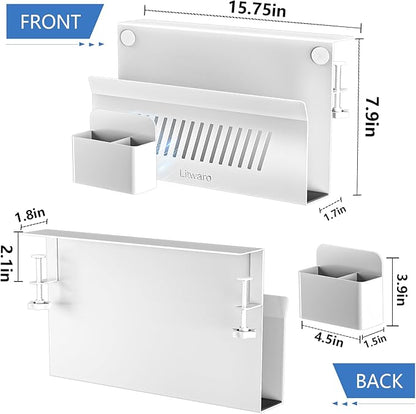 Litwaro Desk Side Storage Organizer, Under Desk Laptop Holder No Drill, Laptop Mount with Magnetic Pen Holder, Hanging Desk Organizer Fits Flat Edge Desks 0.4" to 2.1" (White)