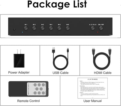 Arector 6 Port RCA to HDMI, 1080P/720P 6 Way AV to HDMI Converter Composite CVBS AV Switch to HDMI Converter Adapter Support 4:3/16:9 Switching, for Sega Xbox PS2 PS3 N64 NGC SNES WII VHS VCR Camera