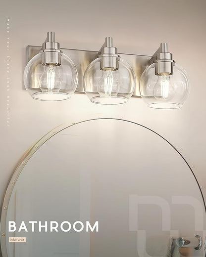 METWET Bathroom Light Fixtures, 3-Light Brushed Nickel Vanity Light, Modern Wall Sconces with Globe Clear Glass Shade, Vanity Lighting Fixtures Over Mirror, VL195-BN-CL-3