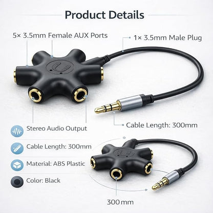 Mizi 5-Way 3.5mm Headphone Splitter - Stereo Audio Adapter with 1 Male to 5 Female Jacks, Gold-Plated Connectors, Compatible with iPhone, iPad, Smartphones, Tablets, MP3 Players - Black