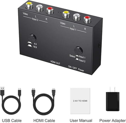 Azduou 2 AV to HDMI, 1080P/720P TV 2 Way RCA Composite CVBS AV Switch to HDMI Video Audio Converter Adapter Support 4:3/16:9 Switching, for Sega Xbox PS2 PS3 N64 NGC SNES WII VHS VCR Camera DVD