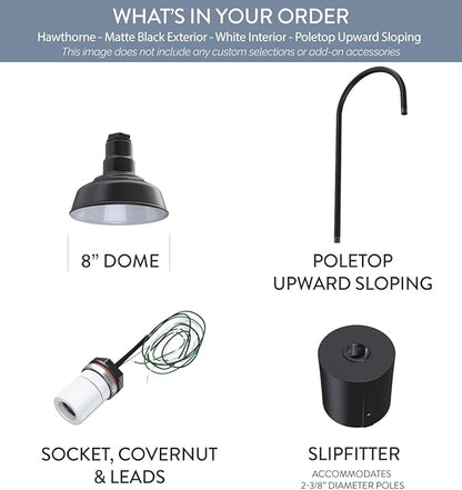 Steel Lighting Co. Hawthorne Light | Outdoor Pole Top Mounted | 8" Dome | Upslope Gooseneck with Slip Fitter for 2-3/8" Standard Poles | Made in America | Matte Black Exterior/White Interior