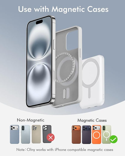 podoru for Magsafe Battery Pack, 5000mAh Magnetic Power Bank with Type-C Cable 20W PD Fast Charging Lighting Input Wireless Portable Charger for iPhone 17/16/15/14/13/12/ All Series-Snow White