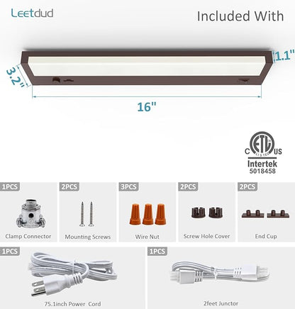 Leetdud Under Cabinet Lights Plug in or Hardwired Built-in Dimmer, 16 Inch 8W, 5CCT 2700K-5000K, Linkable Undercounter Lighting for Kitchen, ETL Dimmable LED Undercabient Light Fixture, Bronze
