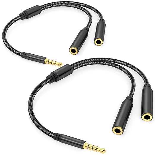 3.5mm TRRS Splitter for 2 Headphones 1FT 2-Pack, Dual Support Audio & Mic, 3.5 mm Aux Jack Cable 1 in 2 out, Double 1/8" Stereo Female Adapter,Headset Split Y Cord 2 Way for Phone/Tablet/Laptop/PC/MP3