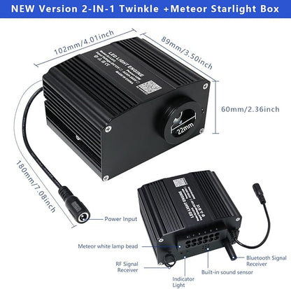 AZIMOM 2-in-1 Twinkle 12W Fiber Optic Starlight Box with Pure White Meteor, Sound Activated APP/Remote RGBW Light Source Driver Pure White Shooting Star for Car Home Star Lighting Decor