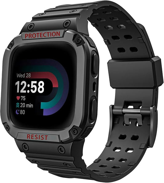 FINTIE Bands with Case Compatible with Fitbit Versa 4/3/2/1/Versa Lite/Fitbit Sense 2/Sense, Protective Case Strap Rugged Sport Band Men, Black