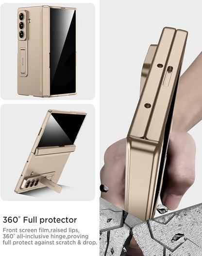 Miimall for Samsung Galaxy Z Fold 7 Case with Privacy Screen Protector, Anti Spy Built-in Adjustable Kickstand Magnetic Hinge Protection Full-Body Protective Case for Galaxy Z Fold 7 Champagne Gold