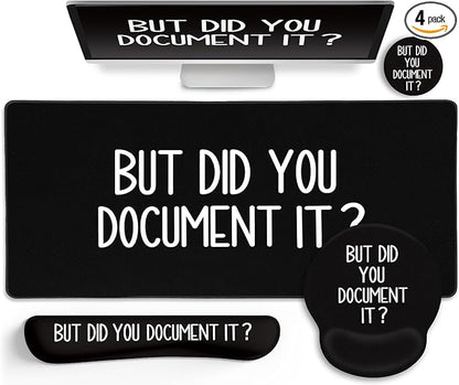 LIMKRIAN Black Mouse Pad Large Desk Mat Set, Funny Mouse Pad with Wrist Rest Keyboard Wrist Support XXL Mousepad Cup Coaster Set, Cute Office Desk Accessories Decor Supplies But Did You Document It