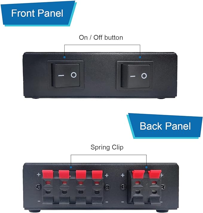 SENWIKATIN 2-Way Speaker Selector, Passive 2 Zone Distribution Box 150W / Channel with Impedance Protection, Spring Clip Connectors