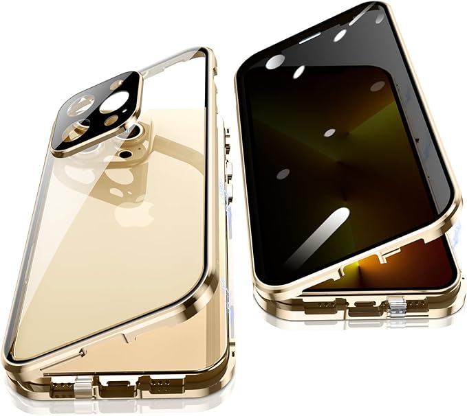 Jonwelsy Anti Peeping Case for iPhone 13 Pro Max, 360 Degree Protection Cover, Privacy Tempered Glass Anti-Spy Case Cover, Magnetic Adsorption Bumper Metal Frame Case for 13 Pro Max (Gold)