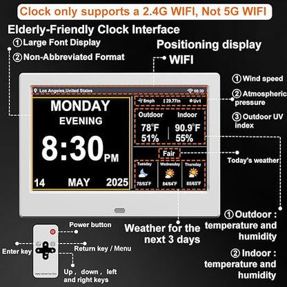 FEYBYLA 2025 New Digital Clock with Temperature/Humidity & Weather Forecast, Auto Time Sync Large Display, Custom Alarms & Medication Reminders, Ideal for Elderly(White, 7-Inch)