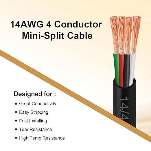 MOOKEERF 14/4 AWG Mini-Split Cable - 25FT 14 AWG 4 Conductor Control Cable 300V Stranded Oxygen-Free Pure Copper Wire for Mini Split Air Conditioner,Heat Pump,HVAC Systems and Speaker Systems