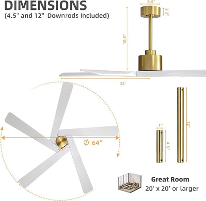 WINGBO 64" ABS DC Ceiling Fan No Light, 5 Blade ABS Plastic Ceiling Fan with Remote, 6-Speed Reversible DC Motor, Ceiling Fans without Light for Kitchen Bedroom Living Room, Brass and White