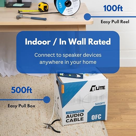Elite 16/4 Speaker Wire 100ft, UL Listed, CMR/CL3R, (Riser/In-Wall & Outdoor/In-Ground (Direct Burial)- 100% Oxygen Free Pure Bare Copper (OFC), 16AWG/4-Conductor, 100ft Bulk Cable (65 strands), White