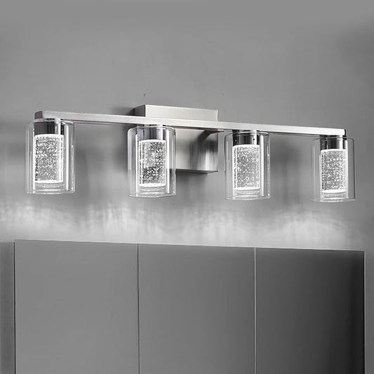SADENICEL 4-Light Bathroom Light Fixtures, Brushed Nickel, Dimmable LED White/Neutral/Warm Crystal Bathroom Vanity Lights Over Mirror, for Bedroom,Living Room