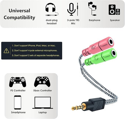 MillSO Headphone Mic Splitter, 3.5mm Headset Adapter (Microphone + Audio) 2 TRS Female to TRRS Male CTIA Stereo Jack Y Cable Compatible for Dual-Plug Gaming Headset to Xbox, PS4, Phone, Laptop, PC
