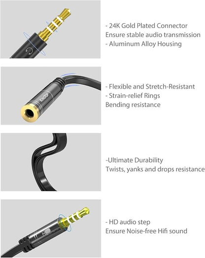 KINGTOP 3.5mm Headphone Mic Splitter Adapter - [1 Male to 2 Female] Headset Splitter Compatible with PC Gaming Headsets - TRRS Audio & Microphone Y Cable for Laptop, PS4, Xbox One, Android