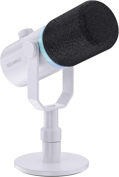 FEELWORLD PM1 XLR USB Dynamic Microphone with Desktop Stand Gifts for Podcast Recording PC Computer Gaming Streaming Vocal Voice-Over, Studio Metal Mic, RGB Light, Mute Button, Headphones Jack (White)