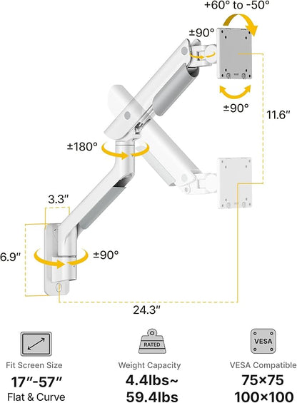 monTEK Heavy-Duty Single Monitor Wall Mount for 17-57” Ultrawide Screens up to 59.4lbs, Premium Aluminum Wall Mount Monitor Arm with Full Motion Adjustment, Pneumatic Lift, Max VESA 100x100