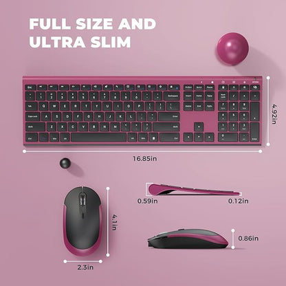 Rechargeable Wireless Keyboard and Mouse Combo, Vssoplor 2.4GHz Ultra Quiet & Slim Full Size Keyboard with 3-Level DPI Mouse for Windows PC Laptop, Black and Wine Red