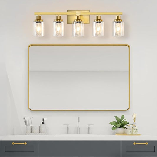 DIKAIDA 5 Light Gold Bathroom Vanity Light, Bathroom Light Fixtures, 31" Modern Brushed Gold Vanity Lighting Fixtures for Bathroom Over Mirror, Gold Sconces Wall Lighting for Bedroom
