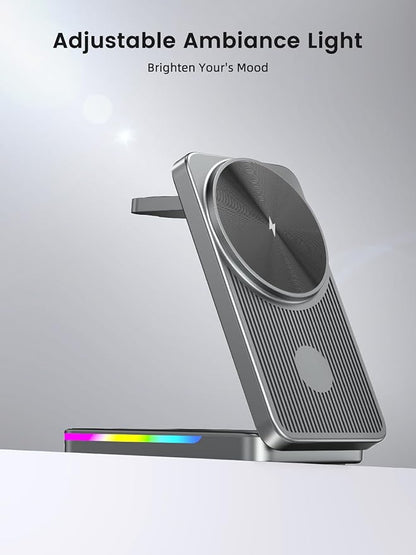 3 in 1 Magnetic Wireless Charger for Samsung, Foldable MagSafe Wireless Charging Station for Samsung Galaxy S25Ultra/Z Fold7/Flip7/S24, Watch Charger for Galaxy Watch 8/Ultra/7/6/5/4/Buds (Grey)