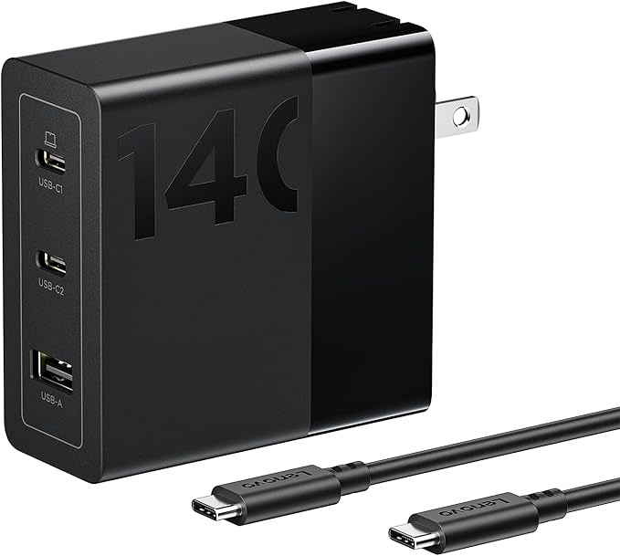 Lenovo 140W USB C Charger, GaN Power Adapter with 3-Port Fast Charging, PD 3.1 Compatible, Black, for ThinkPad, MacBook, iPhone, Samsung Galaxy, with 240W Cable