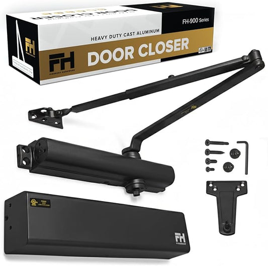 Finsbury Commercial Black Door Closer Automatic Heavy Duty High Traffic Adjustable ANSI/BHMA Grade 1 Standard, UL Listed ADA Compliant Hydraulic Backcheck Delayed Action Latch Speed 1-6 Power (Black)