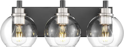 METWET Bathroom Light Fixtures, 3-Light Black and Brushed Nickel Bathroom Vanity Light, Modern Wall Sconces with Globe Clear Glass Shade, Vanity Lighting Fixtures Over Mirror, VL195-KN-3