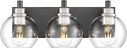 METWET Bathroom Light Fixtures, 3-Light Black and Brushed Nickel Bathroom Vanity Light, Modern Wall Sconces with Globe Clear Glass Shade, Vanity Lighting Fixtures Over Mirror, VL195-KN-3