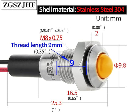 ZGSZJHF UL Listed Mini Indicator Light 8mm 0.31" Waterproof IP67 110V-120V Domed Sphere High Head Metal 304-Stainless Steel LED Lamp Pilot Light with 140mm Wire Yellow