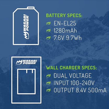 Wasabi Power Battery (2-Pack) and Charger Replacement for Nikon EN-EL25, EN-EL25a, 4241, MH-32 Compatible with Nikon Z30, Z50, Z50 II, Zfc