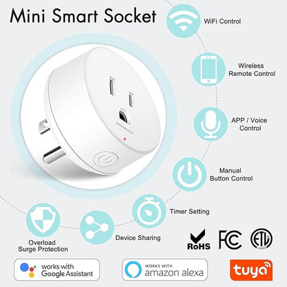 WiFi Smart Outlet Plug with Remote,GreenCycle 4 Electric Smart Plug with Remote,Compatible with Alexa and Google Home via Tuya,15A/1500W，Remote Control from Anywhere,TUV FCC List(2.4G)