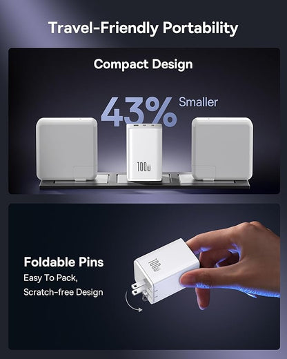 Baseus 100W USB C Charger Block, 3-Port Foldable Compact PPS Wall Charger, Fast Charging Power Adapter for MacBook Pro/Air, iPad, iPhone 17/16, Galaxy S24, Steam Deck & More (White)