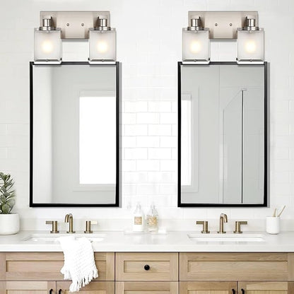 WINSHEN 2-Lights Wall Sconce Lighting, Brushed Nickel Bathroom Vanity Light Fixture with Rectangular Frosted Glass for Over Mirror, E26 Bulb Base