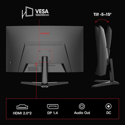 KOORUI 27 Inch Curved Gaming Monitor QHD (2560 x 1440) 180Hz, 1ms 1500R Display, Adaptive Sync, 90% DCI-P3, HDMI 2.0 & DisplayPort 1.4, VESA, Tilt, Eye Care, 27E6QCA