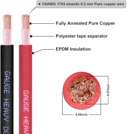 Shirbly 1/0 Gauge Battery Cable, 10FT Red + 10FT Black 1/0 AWG Pure Copper Wire Welding Cable, for Automotive, Battery, Solar and Generator, Standard USA OFC Wire
