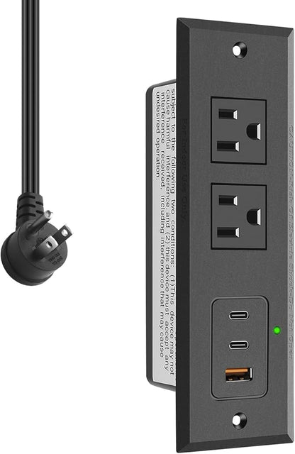 CCCEI Recessed Power Strip with Two USB-C Ports, Fast Charging USB A Port Desk Outlet, Black Furniture Hidden Charging Station for Side Table, End Table, with 6 FT 45 Degree Flat Plug Extension Cord.